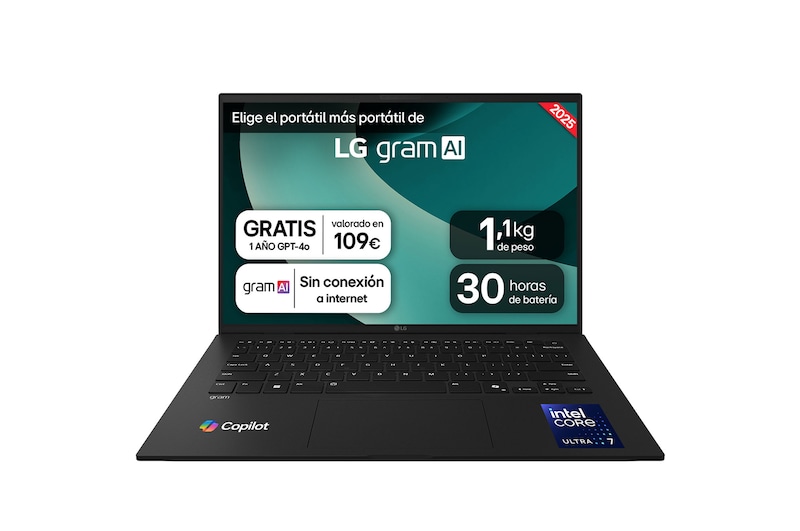 Vista frontal de Portátil 14" LG gram - 14ZD90T, Intel® Core™ Arrow Lake, 32 GB RAM, 1 TB SSD, Panel IPS WUXGA (1920x1200), Ligero 1,1 Kg, 30 h, Negro, Sin sistema operativo 14ZD90T-G.AX88B